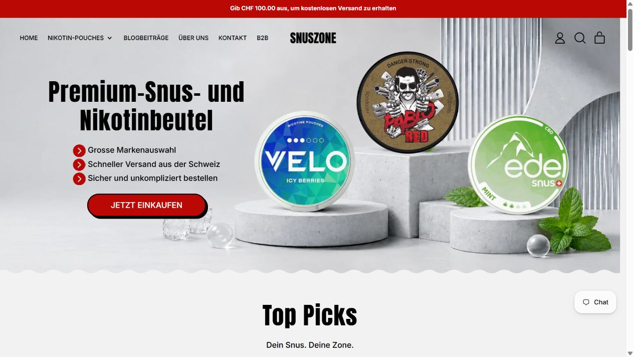Snuszone Website auf Desktop